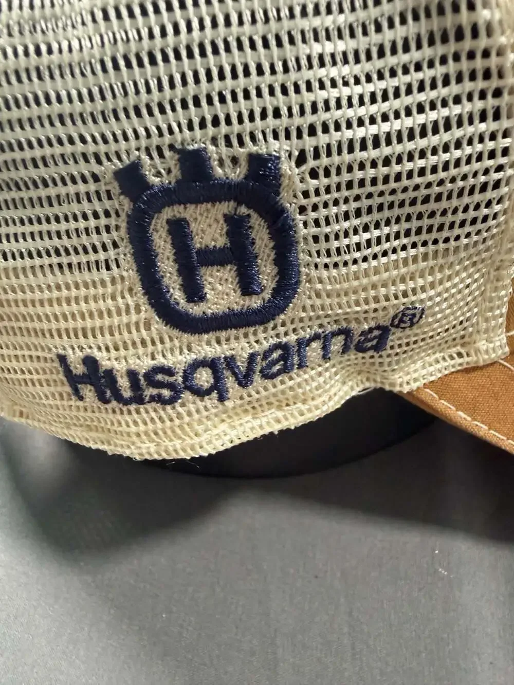 Oak Construction Supply Husqvarna Trucker Hat Brown Tan Snapback Cap